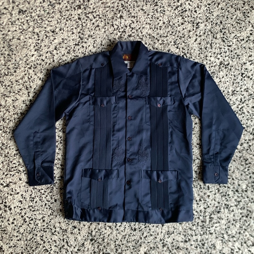 Guayaberas Yucatecas Copacobana Vintage Long Sleeve Embellished Shirt Navy Blue